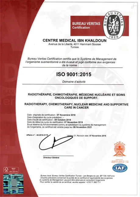 Certificat iso du Centre médical Ibn Khaldoun Sousse Tunisie